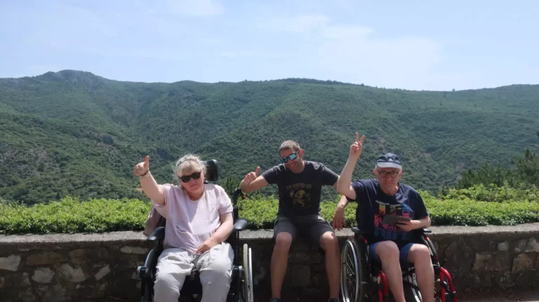 personnes en situation de handicap roulant devant montagne puce levé